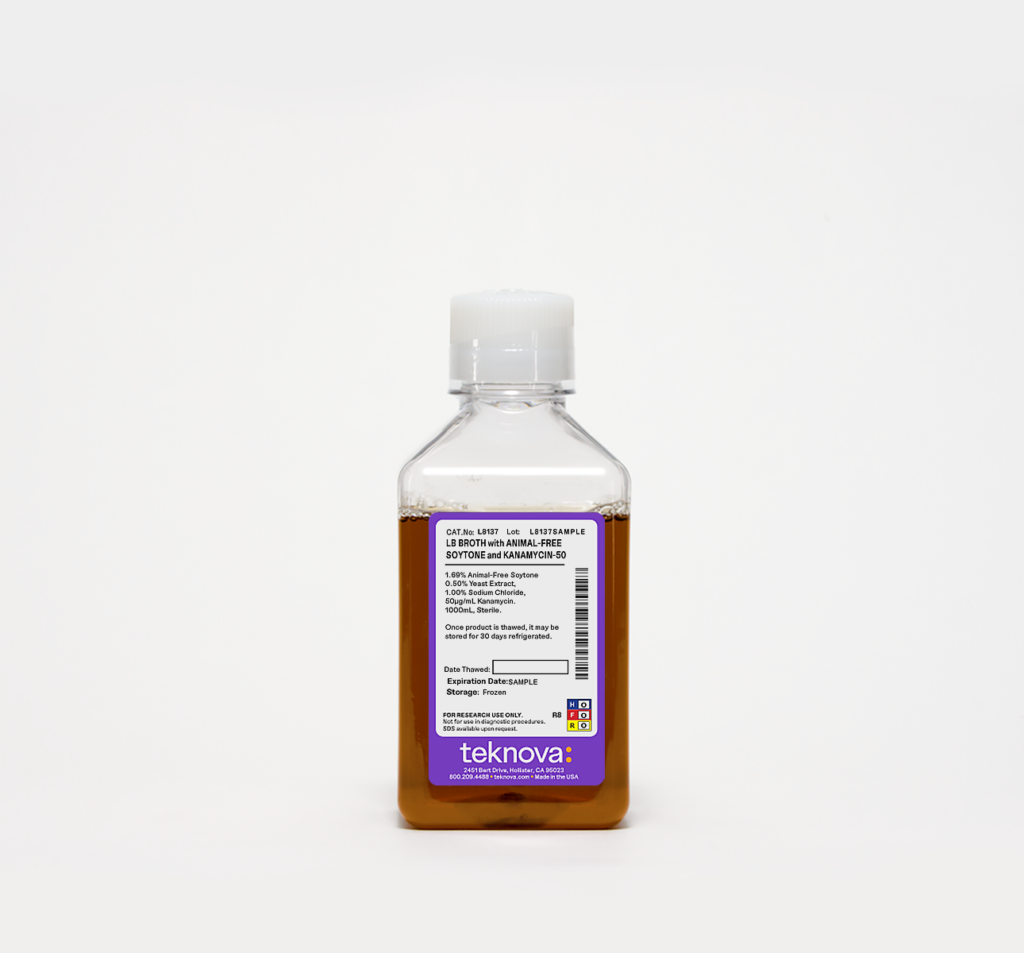 LB Broth with Animal-Free Soytone and Kanamycin-50. 1000mL, Sterile.